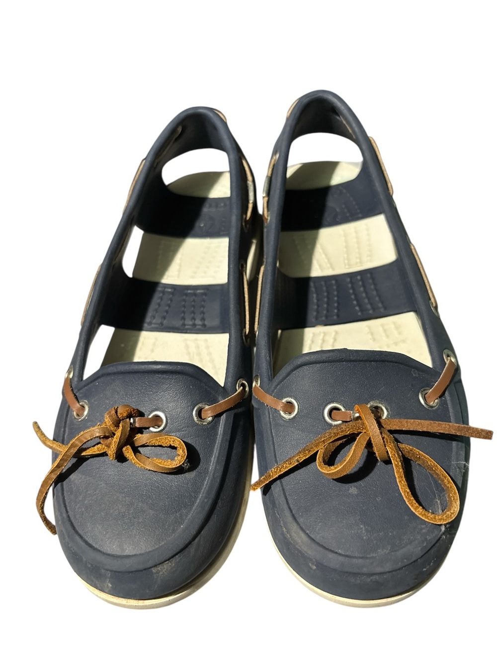 Crocs Navy Blue Boat Shoes with Tan Laces 6 (fits 6-6.5)